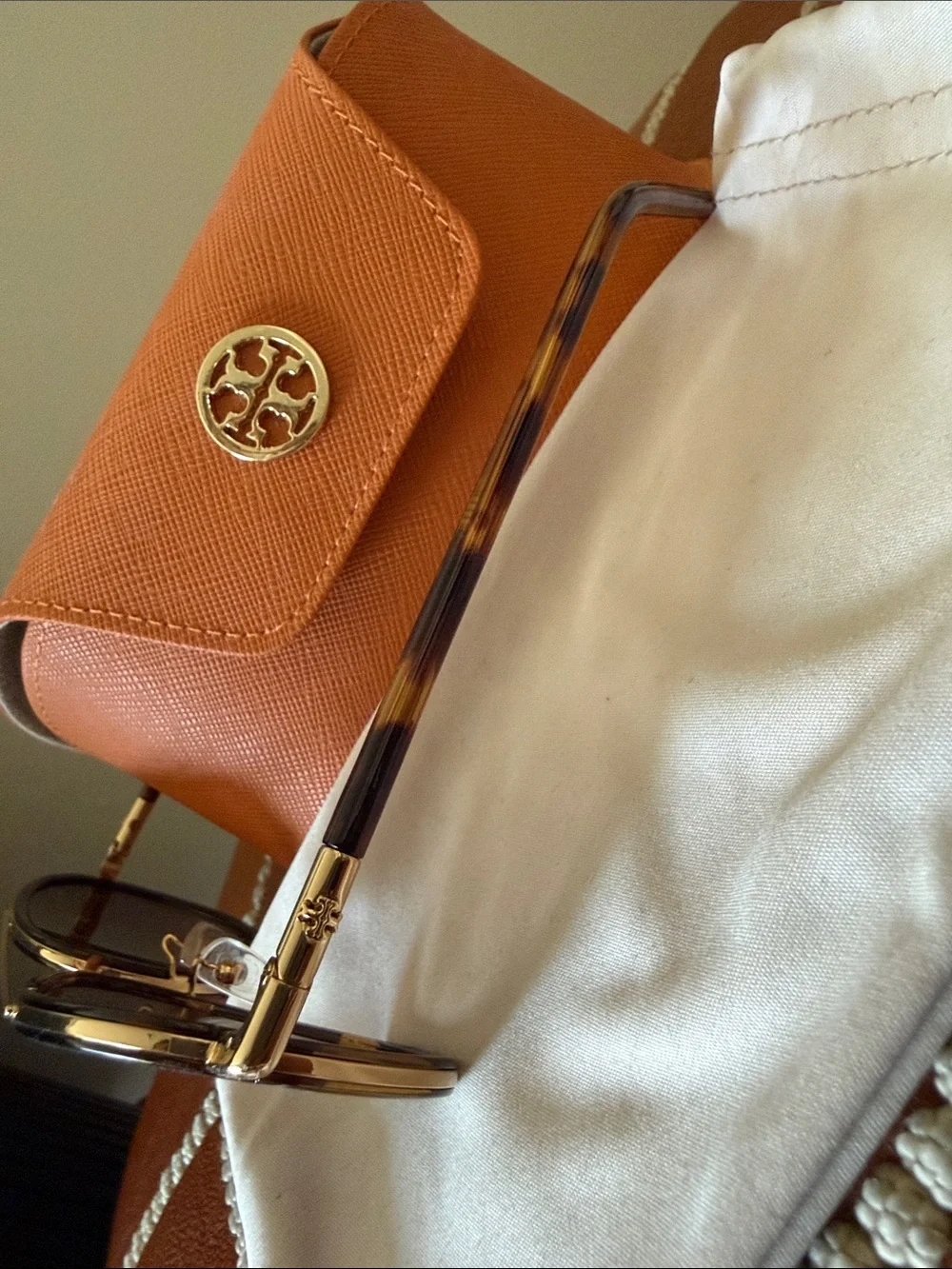 Tory Burch Tortoise & Gold Aviator Sunglasses with Orange Logo Case